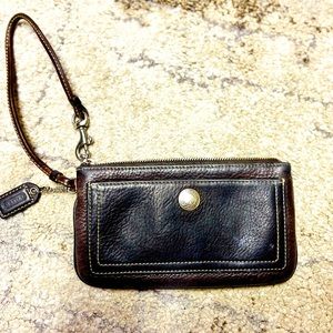 Coach, chocolate brown pebble leather wristlet